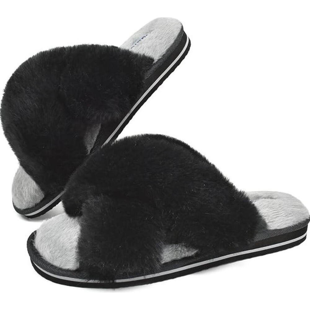 Womens Fuzzy Fur Cross Band Slides Open Toe Slippers Yoga Insole Black/Gray 6